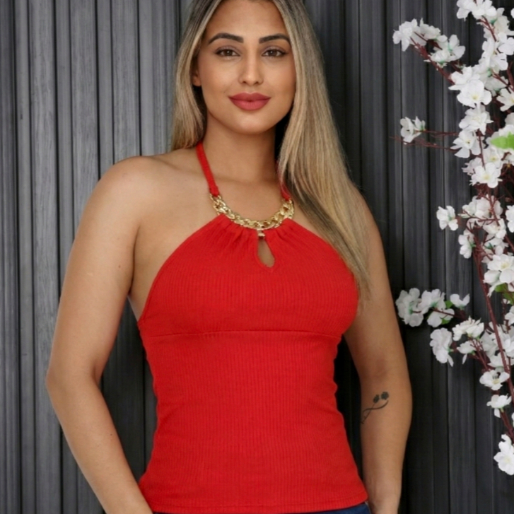 Cropped Ribana Premium com Corrente Dourada e Bojo Costas Nua Amarração no Pescoço Decote Em formato De Gota Moda Gringa