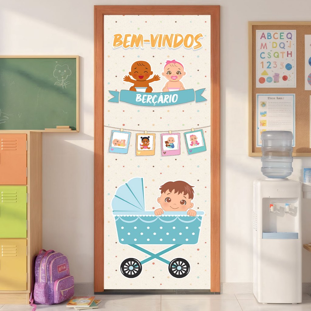 Capa De Porta Escolar Decoração Berçário Bem Vindo Tecido Com Elástico 0,85x2,10m