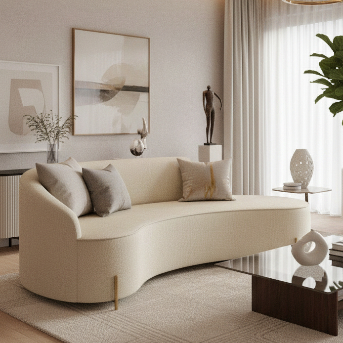 Sofá Orgânico 4 Lugares Morgan Linho 220cm Curvo Design Moderno Premium Sala Estar Pés Fer...