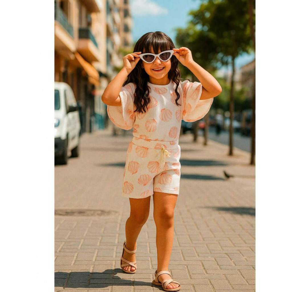Conjunto Infantil Verão Feminino Conchas Camiseta Bufante + Short Elástico Para Meninas Tamanho 1 à 7 anos