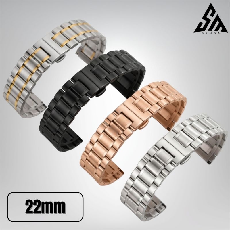 Pulseira Aço Inox 22mm 3 Elos Prata, Preto, Rosé Gold e Prata Gold Premium para Relógio Smartwatch