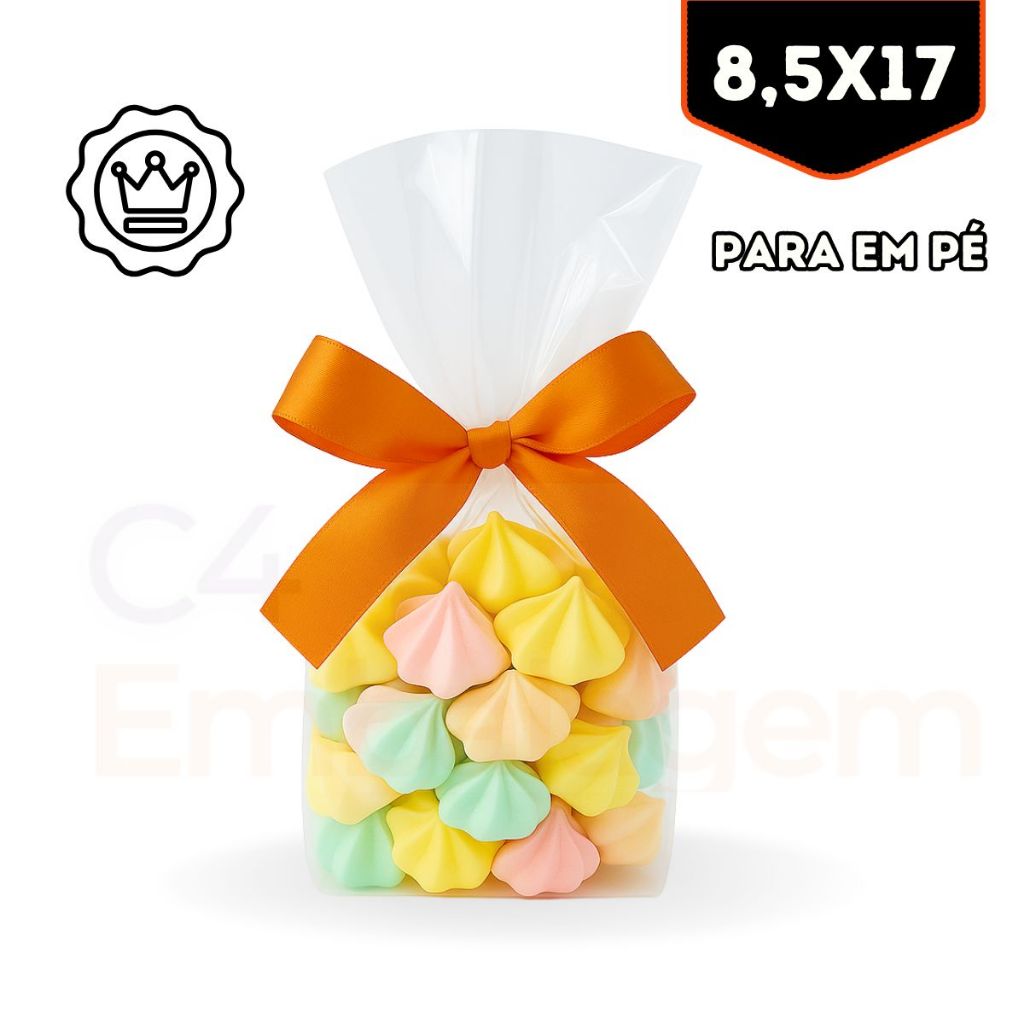 Saco Transparente Premium 8,5x17 – Fica em Pé – Com 100 UN - Para Confeitaria, Doces, Pipoca Gourmet – C4 Embalagem