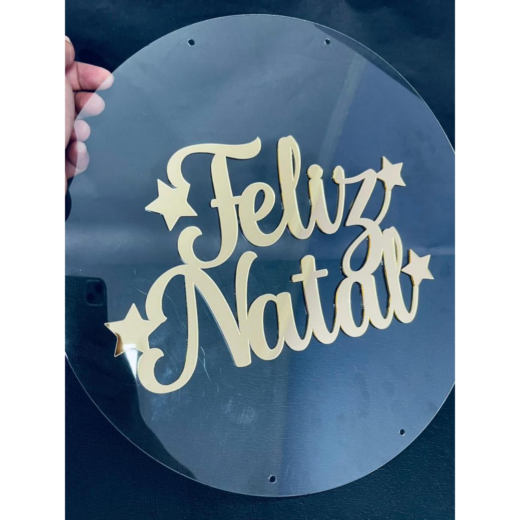 Frase Feliz Natal em Acrílico Dourado 30cm Painel Decoração Mini Festa Merry Christmas