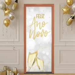 Capa de Porta Decoração Ano Novo Reveillon Retangular Veste Porta Em Tecido Sublimado 0,85x2,10m
