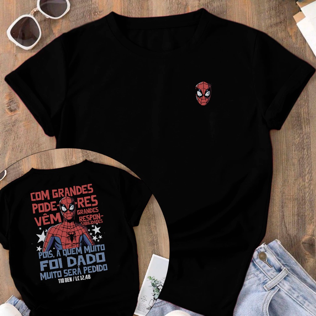 Camiseta Tradicional Homem Aranha Grandes Poderes Religiosa Blusa Estampada Camisa 100% Algodão Unissex em Oferta na Shopee