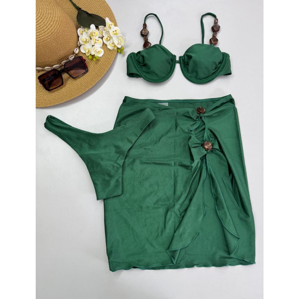 Biquíni 3 Peças com Saída de Praia – Bojo Removível, Alças Reguláveis, Fio Duplo e Detalhes Modernos – P M G GG em Oferta na Shopee
