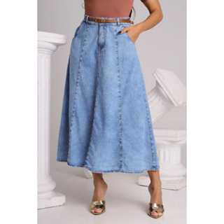Saia Jeans Midi Evase Marmorizada Feminina Moda Evangelica em Oferta na Shopee