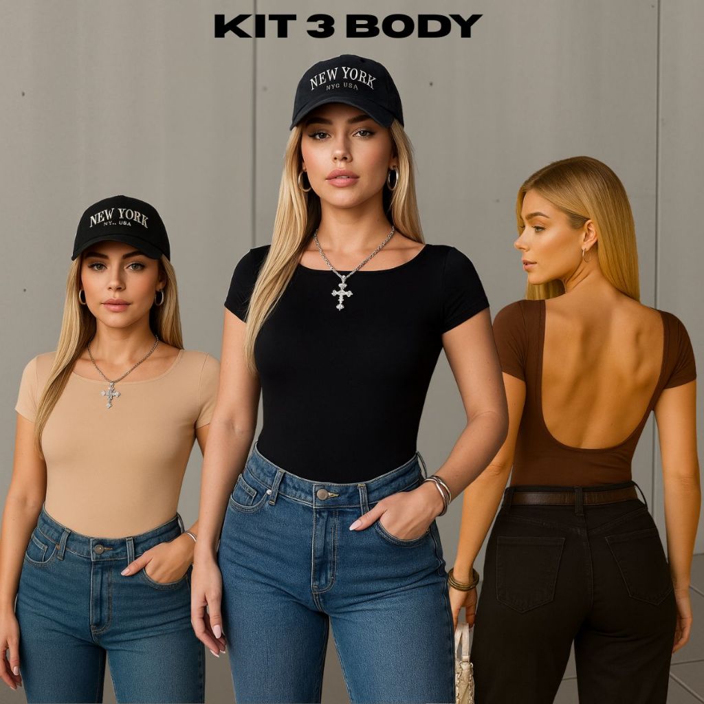 KIT 3 OU 1 UNIDADE Body Feminino Manga Curta Costas Nua Suplex Premium Bory Manguinha em Oferta na Shopee