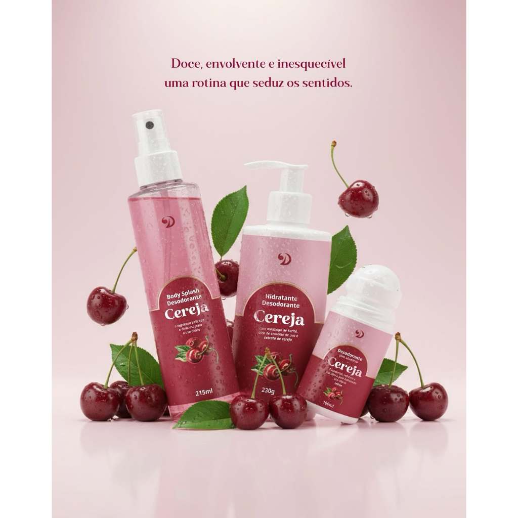 Kit Cuidados Diario Fragrância Cereja Hidratante Body Splash e Desodorante Roll-on Sem Alumíio Dokmos