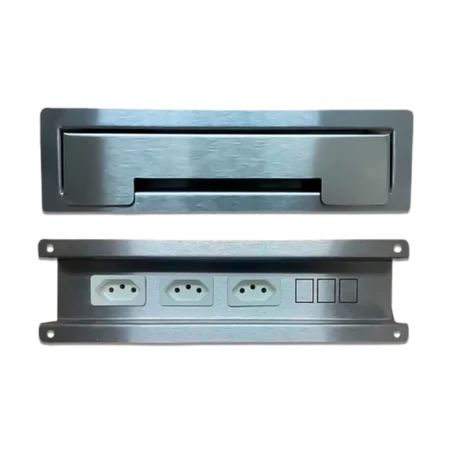 Caixa de Tomada Embutir em Inox com 3 Tomadas 10A – Mesa Escritório Bancada