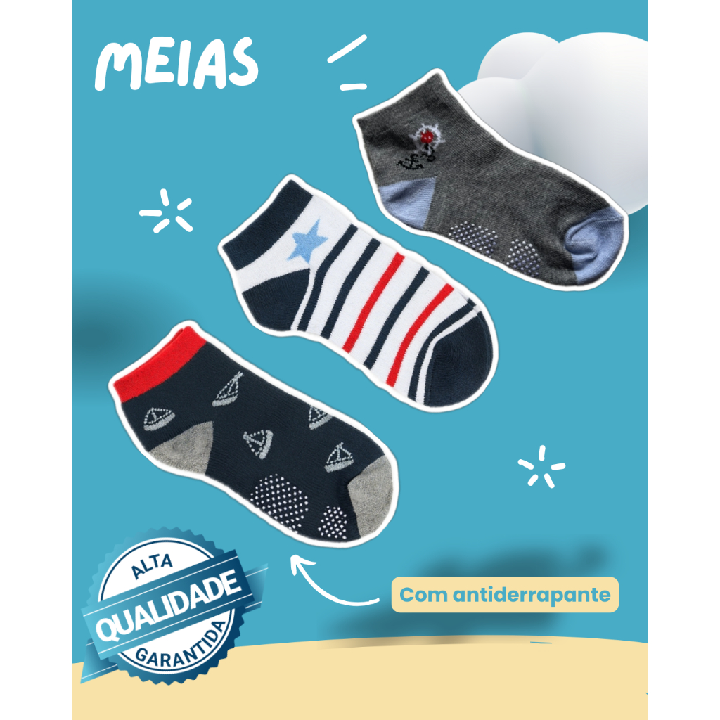 kit meias infantis menino antiderrapante estampadas modelos sortidos masculina três pares cano médio