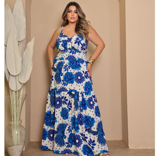 vestido longo feminina elegante estampado plus size G1 G2 G3 com forro interno elastex nas costas e com bojo em Oferta na Shopee