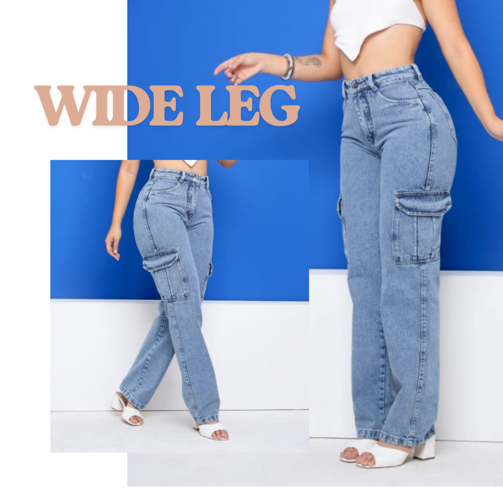 Calça Jeans Feminina Cargo Wide leg  Cintura Alta Premium Tendência 100% Algodão sem Lycra em Oferta na Shopee