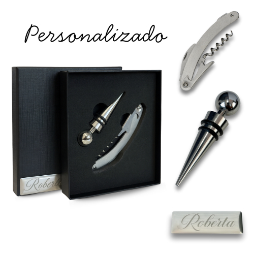 Kit Abridor de Vinho Personalizado Saca-Rolhas e Tampa de Bico Com Caixa Presenteavel Amigo Secreto