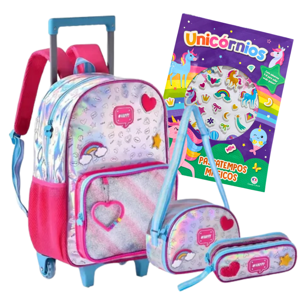 Kit Holográfico Mochila Escolar de Rodinha Lancheira Térmica e  Estojo Clio