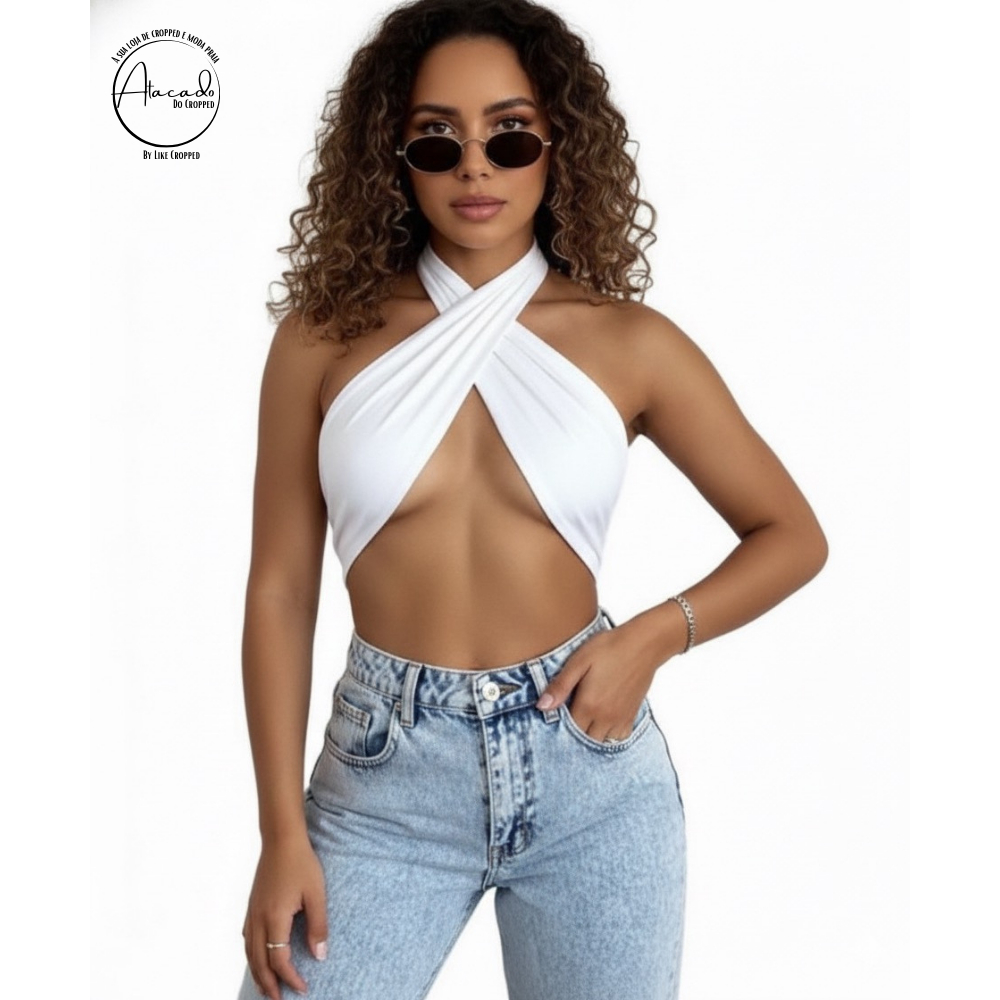 Blusinha Cropped Transpassado Decote em V Elegante em Oferta na Shopee
