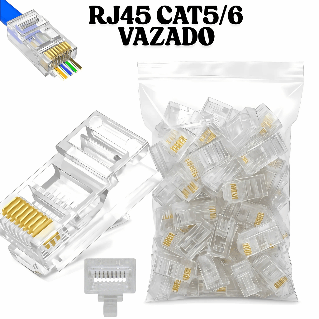 Kit Conector RJ45 Vazado Pass Through CAT5 CAT5e CAT6a Rede Internet Crimpagem Kit Com 10,20,50 e 100 Banhado a ouro