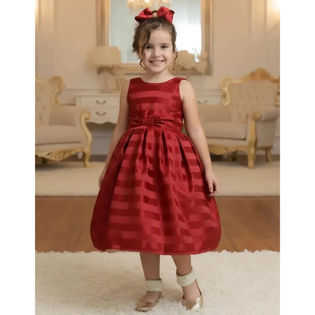 Vestido infantil festa vermelho bordo Luxo + Laço de Cabelo
