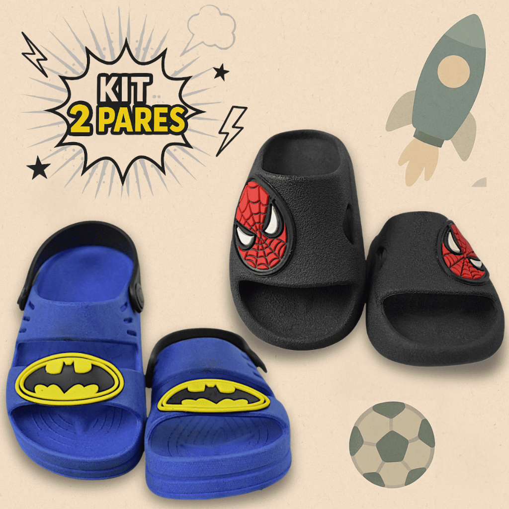Kit 2 Pares Sandália Papete Nuvem Slide Infantil Menino Macio Flexivel Leve Menino Aranha Promoção