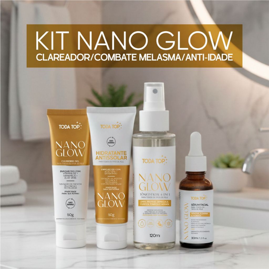 Kit 4 Produtos Clareador Skin Care - Sérum Facial Hidratante antissolar Cleasing Gel e Tônico Facial