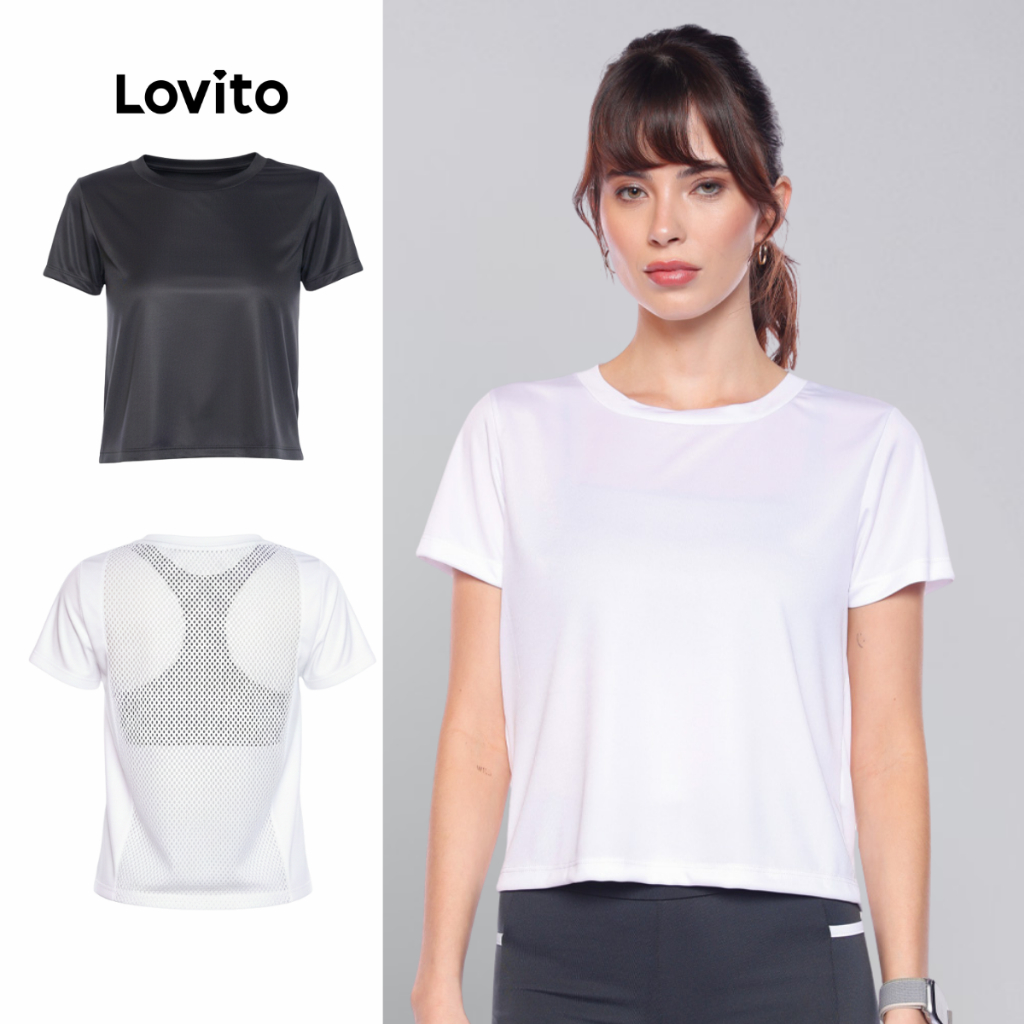 Lovito Camiseta Basica Academia Detalhe Costas Esportiva Casual Lisa Feminina LB14861516 em Oferta na Shopee