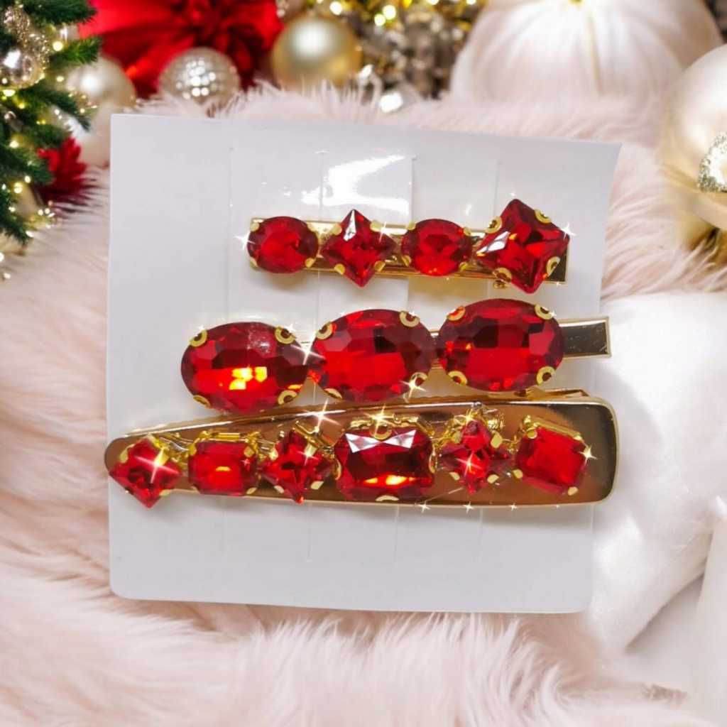 Kit 3 Presilhas de Cabelo Pedraria Vermelha Pedra Cristal Fivela Grampo Prendedor Clip Acessório de Cabelo para Penteado