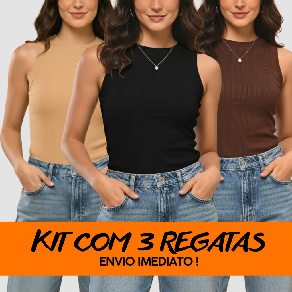 Kit 3 Regatinha Feminina Canelada Moda Blusa Blusinha Tendência Slim Não Fica Transparente