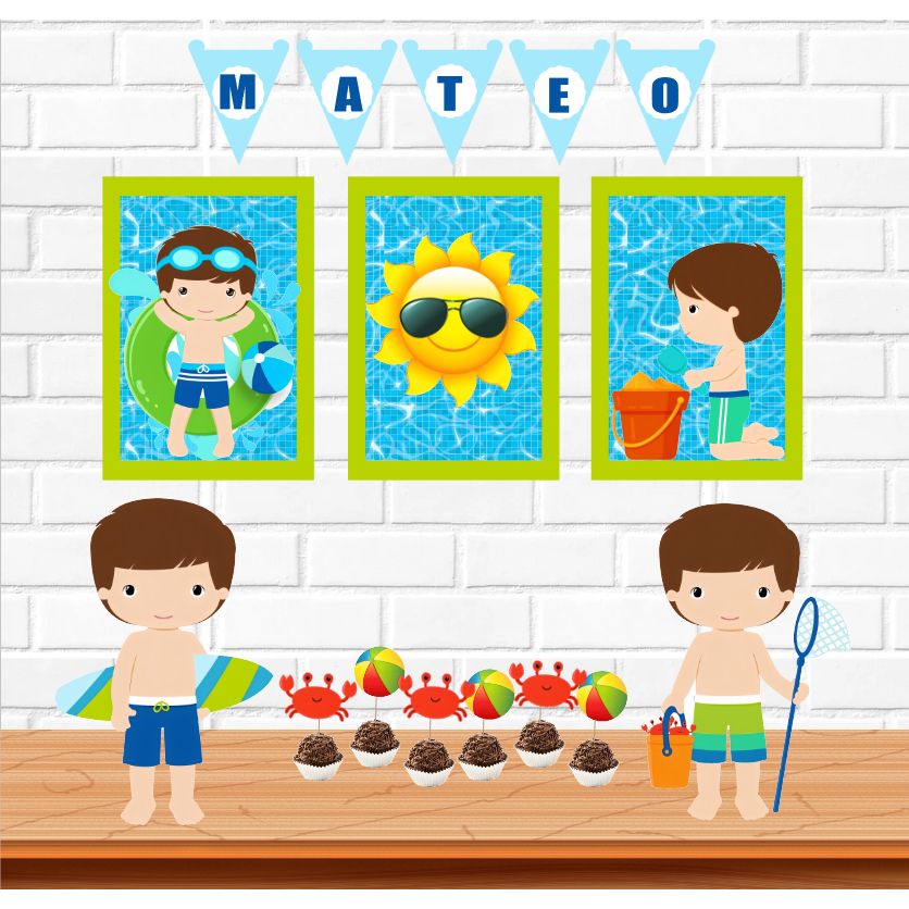 Kit festa Pool Party menino decoração infantil personalizado para aniversário e mesversário, Festa na Piscina, Praia.