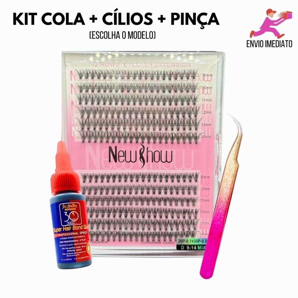 Kit Extensão de Cílios NewShow + Cola SalonPro+ Pinça Alongamento Cilios [20+30p] [30+40p] iniciante