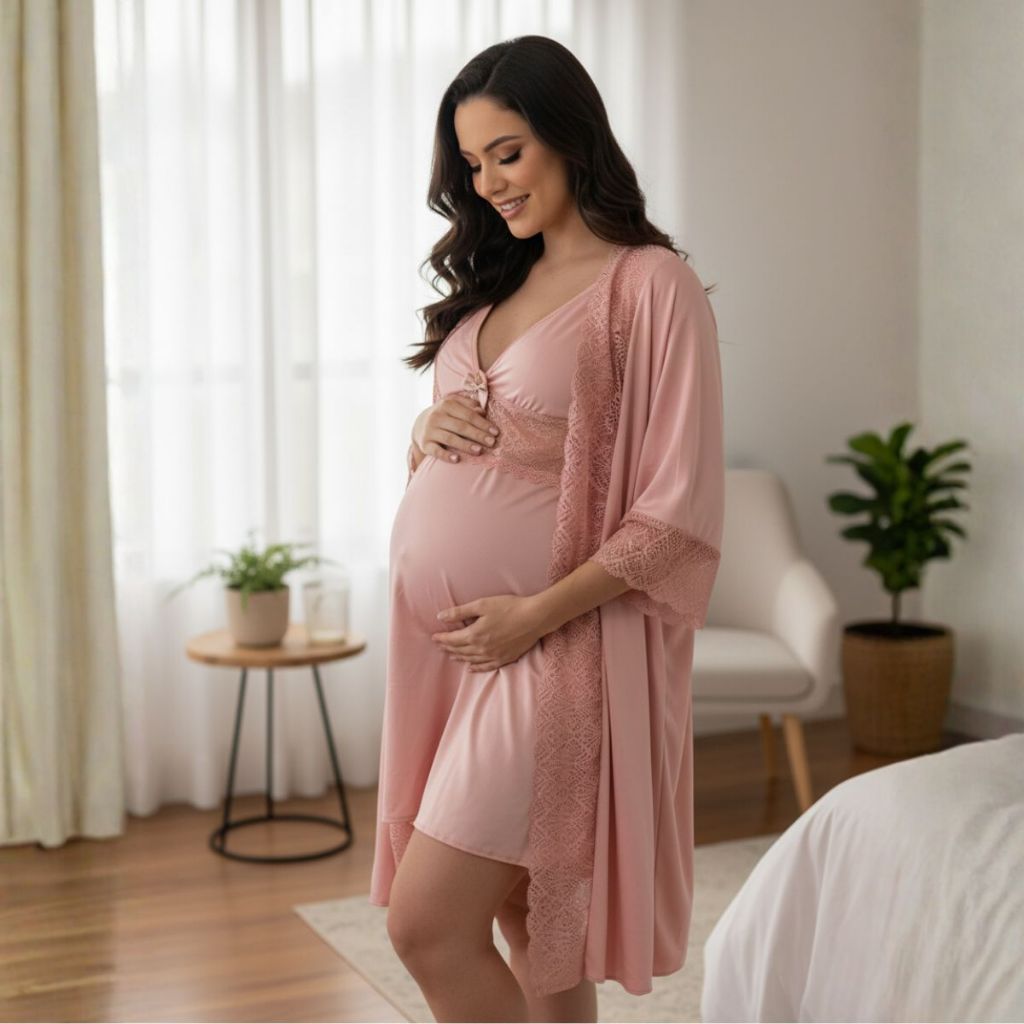 KIT Camisola Amamentação Maternidade e Pós Parto + Robe em Microfibra com Renda. em Oferta na Shopee