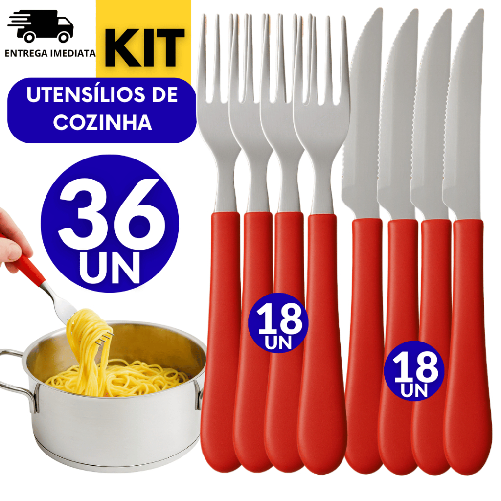 Kit Jogo 36 Peças Talher Linha Colorida Vermelho 18 Garfo 18 Faca Inox Premium Cabo Plástico Bar Casa Utilidades em Oferta na Shopee