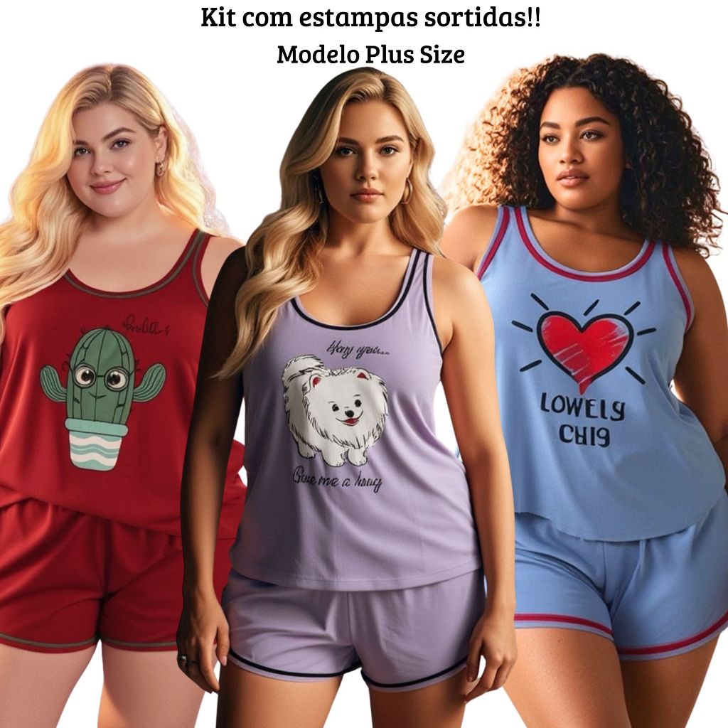 Kit 2 Pijamas Feminino Plus Size (50/52/54)  Regata Camiseta Verão em malha Estampas Sortidas