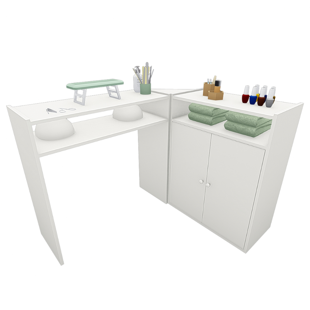 Mesa Manicure Em L Para Salão De Beleza Nichos Spa Designer Moderno Kit Prateleira Grande Unhas Pé