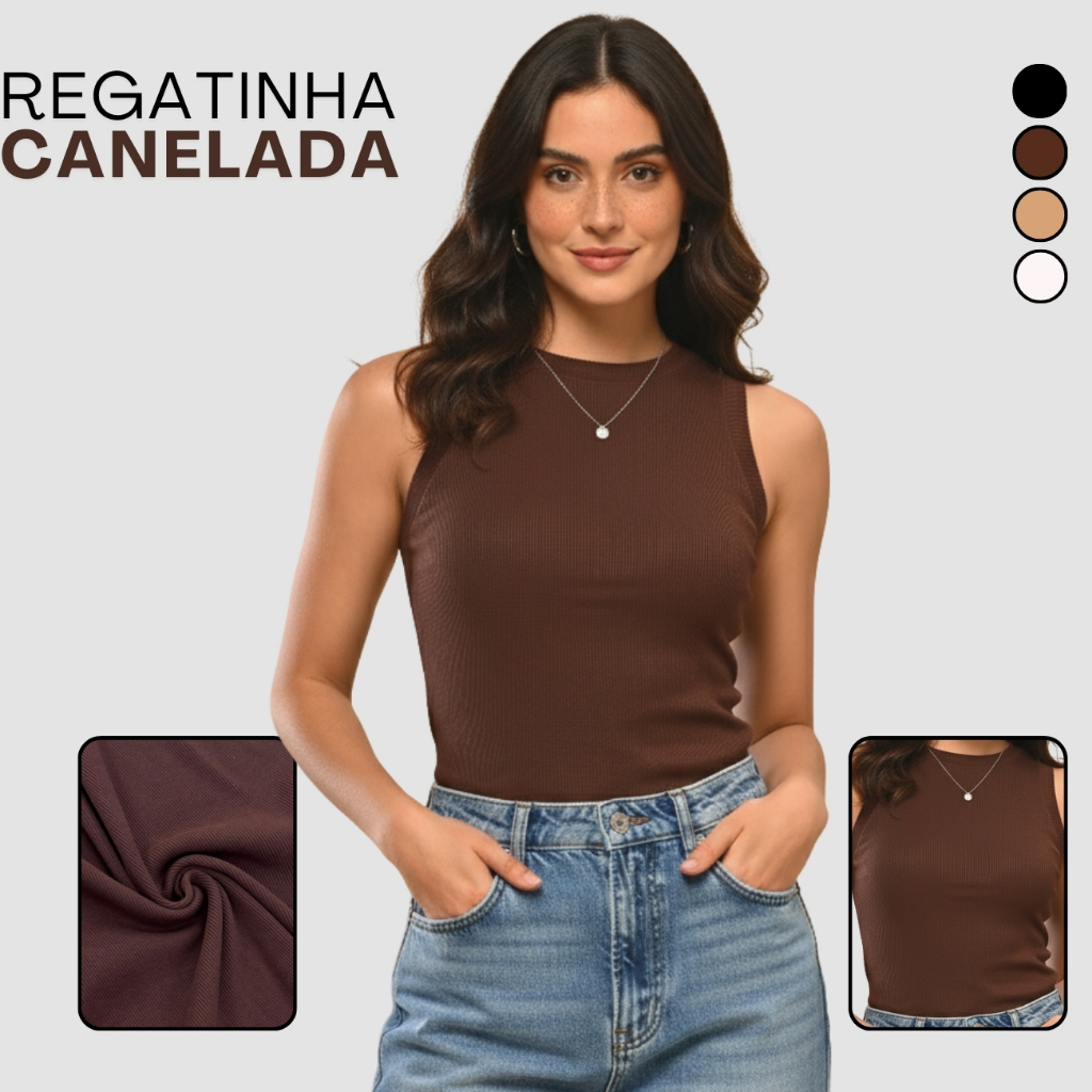 Regata Feminina Slim Lisa Canelada Básica Gola Redonda Casual Conforto Blusa Feminina Preta Marrom