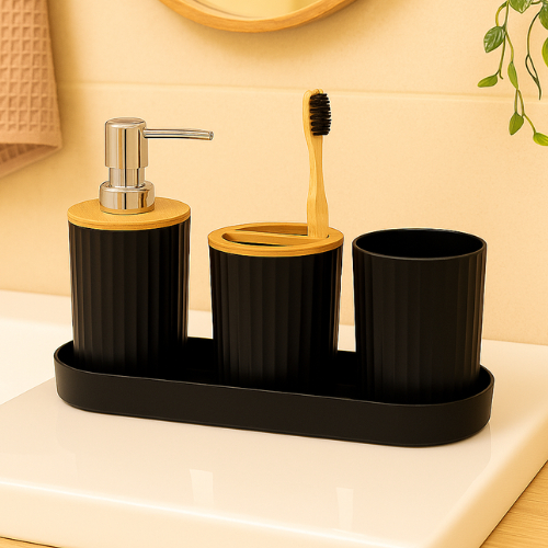 Kit Banheiro Lavabo com Bandeja Porta Sabonete Liquido Dispenser Porta Escova Dente para Decoração