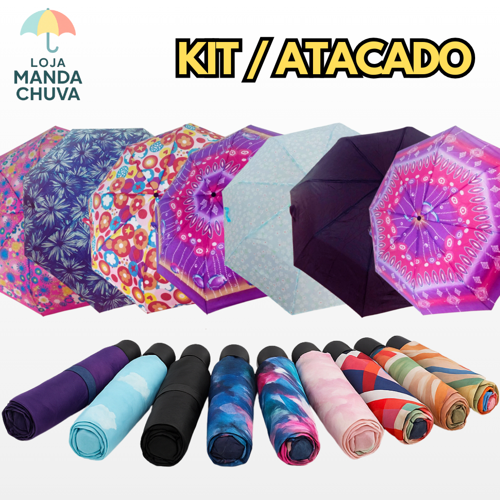 KIT 6/10/16 Guarda Chuva Sombrinha reforçada de bolsa dobravel grande e resistente mini estampada e preta no atacado