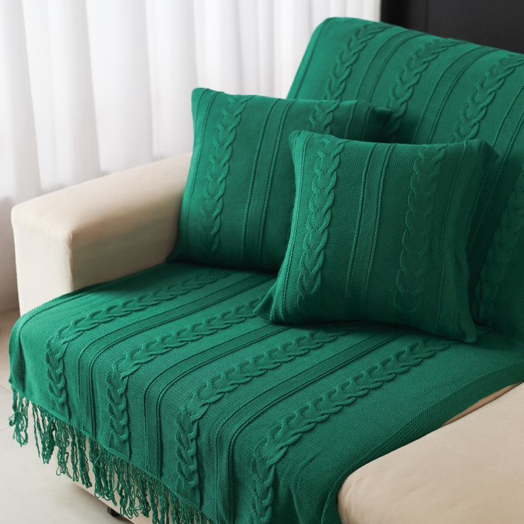Kit Dubai Manta Com Franja Decorativa Tricot + 2 Capas de Almofada  Para Sofá Cama Sala Tricô