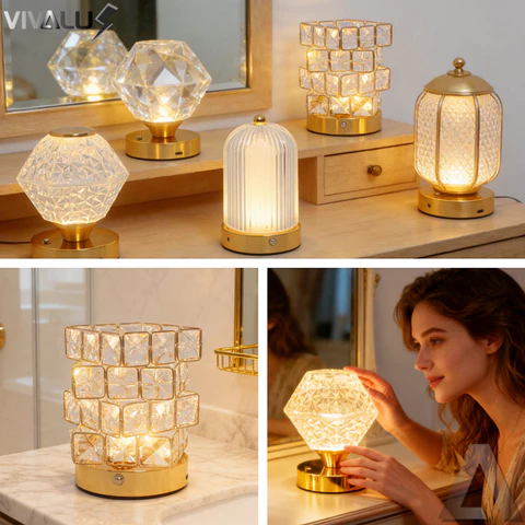 Abajur Cristal Acrílico Luxo Moderno Lampião Portátil Recarregável Luminária De Mesa Dourado Quarto