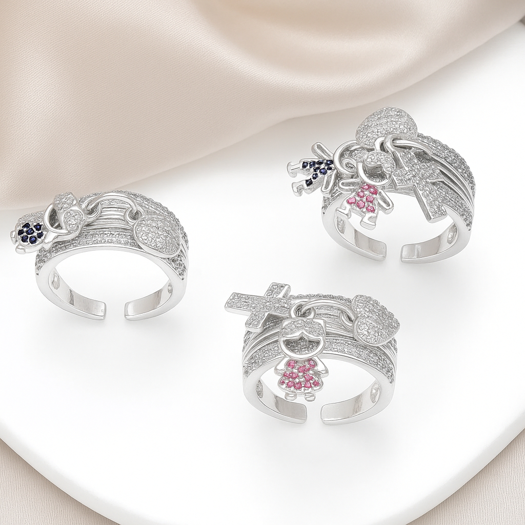 Anel de filhos cravejado em zircônias Luxo ajustável Feminino De Ouro 18K prata 925 Jóias