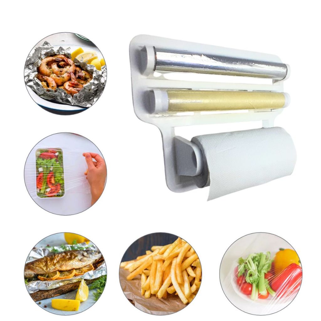 Organizador de Papel Toalha Papel Filme Papel Alumínio Suporte para Rolos CozinhaTriplo Branco