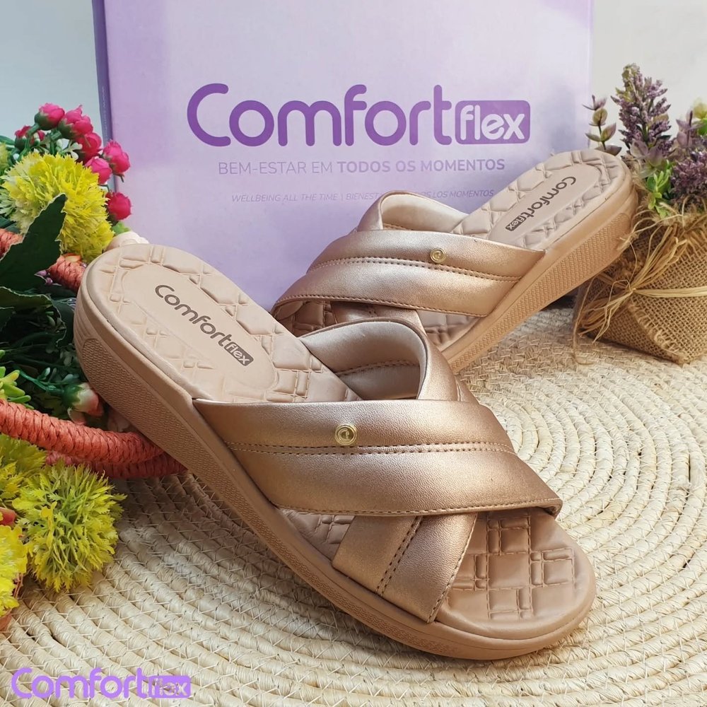 Tamanco Comfortflex Feminino Golden Anabela Metalizado Ouro Rosé Confortável Estiloso Dia a Dia 11555