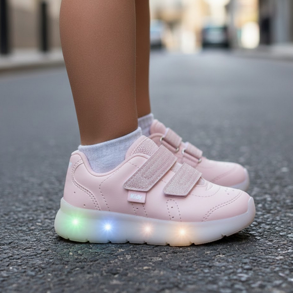 Tênis Infantil Com Led Fechamento em Velcro Fácil De Calçar Confortável Rosa - Kidy