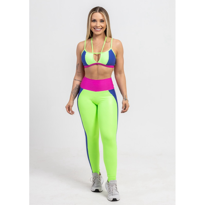 Conjunto Dalu Canelado Fitness Academia Feminino  Compressão Top e legging zero transparência