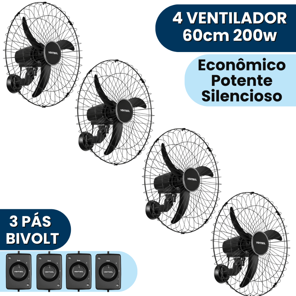 4 Ventiladores De Parede Ventisol 60cm Motor Forte 200w Oscilante Igrejas Escolas Salões em Oferta na Shopee