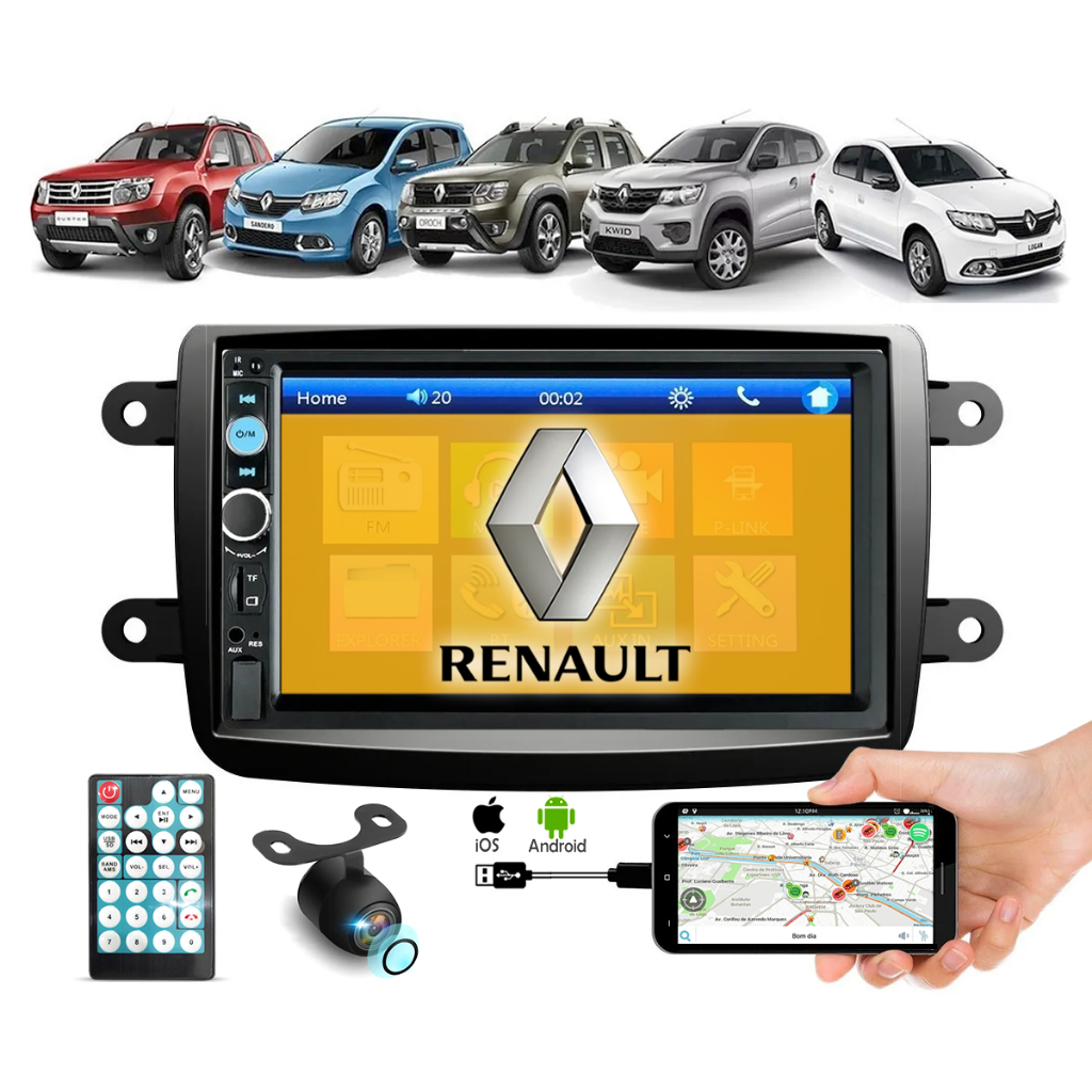 Kit Multimídia Mp5 Bluetooth Espelhamento Renault Sandero Logan Duster Kwid + Moldura + Câmera de ré