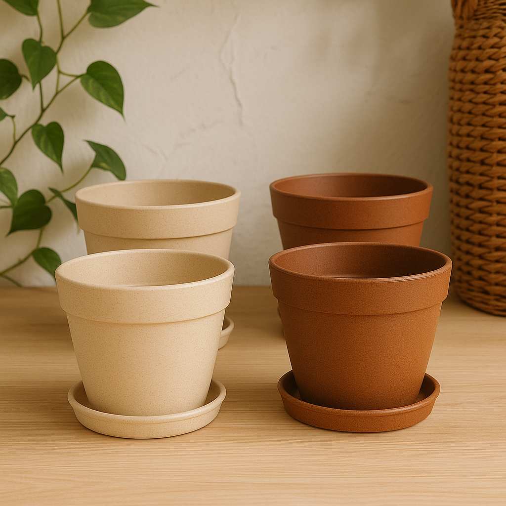 Kit 4 Vasos De Planta Flores Mudas Com Prato 1,5 Litros Plasticos Bege Ou Marrom Resistentes