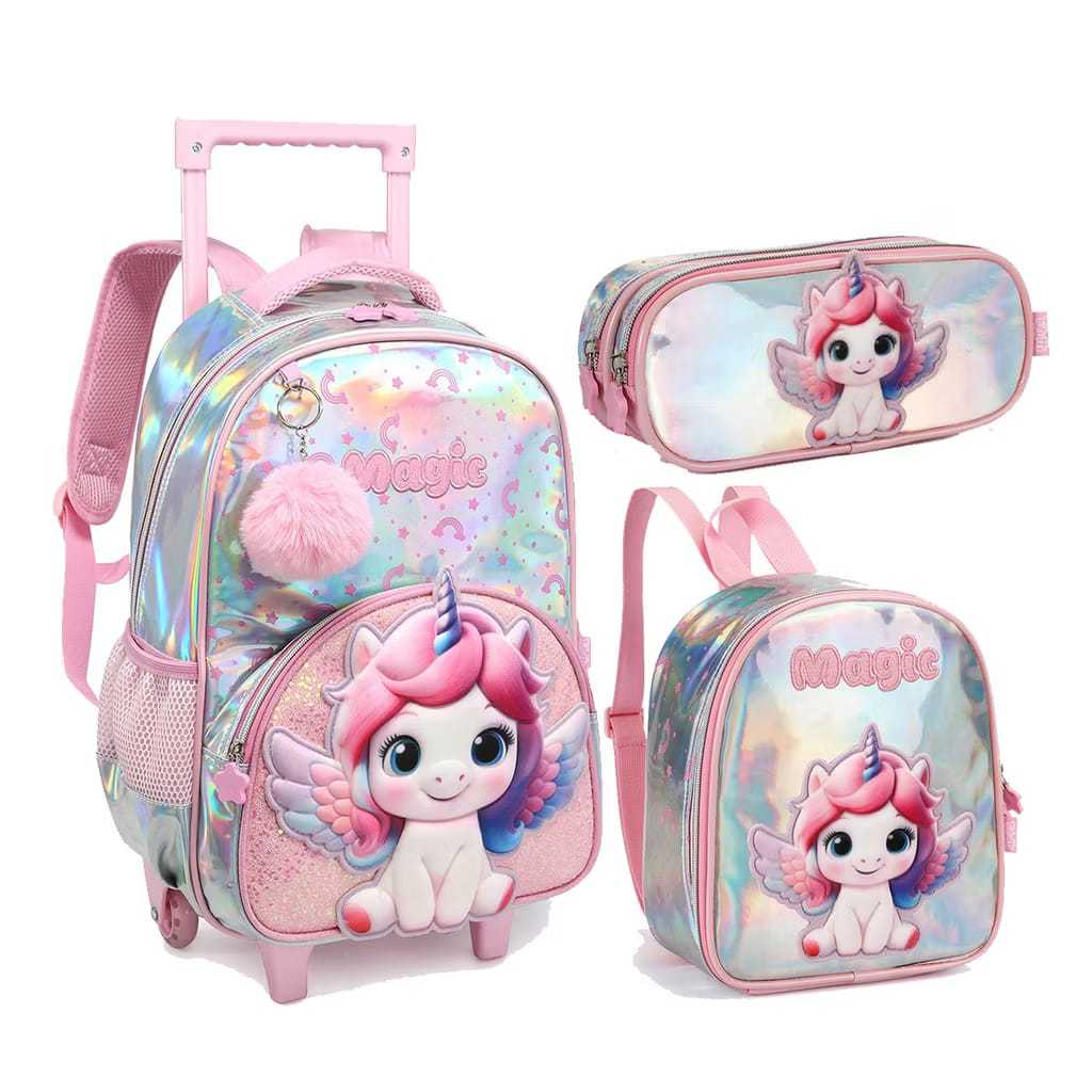 Mochila Rodinha Uniconio 3d Glitter Medio Lancheira Estojo Kit 3 Peças 16 Polegadas G em Oferta na Shopee