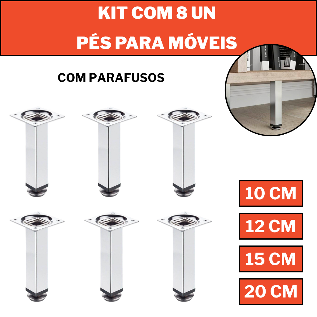 Kit com 8 UND Pés Para Móveis Cromado Regulável Quadrado de 10cm/  12cm/  15cm/  20cm em Oferta na Shopee