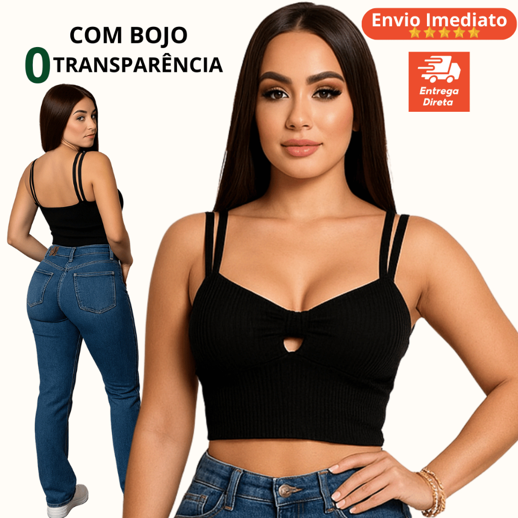 Cropped Canelado Alcinha Regata Com Bojo Elegante Verão