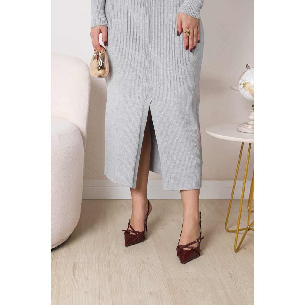 Vestido gola Polo em Trico canelado feminino fenda na frente outono inverno longo tecido no cachemir